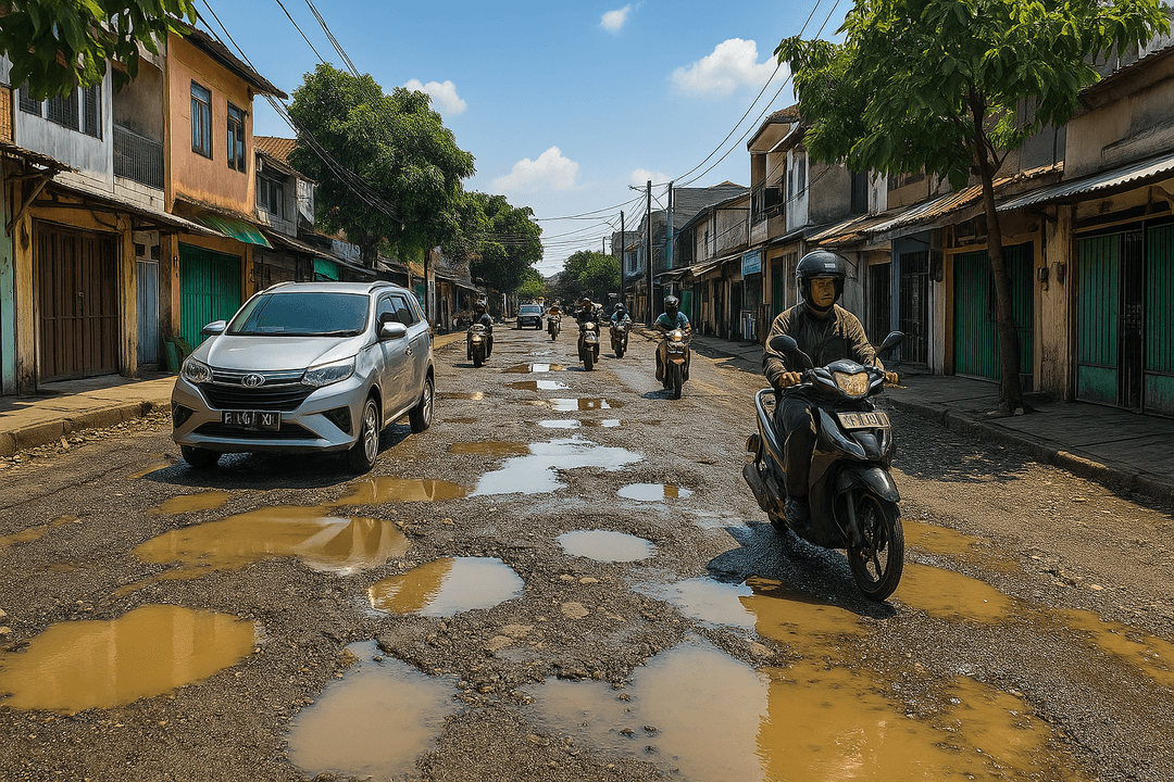 Jalan rusak dengan banyak lubang dan genangan air