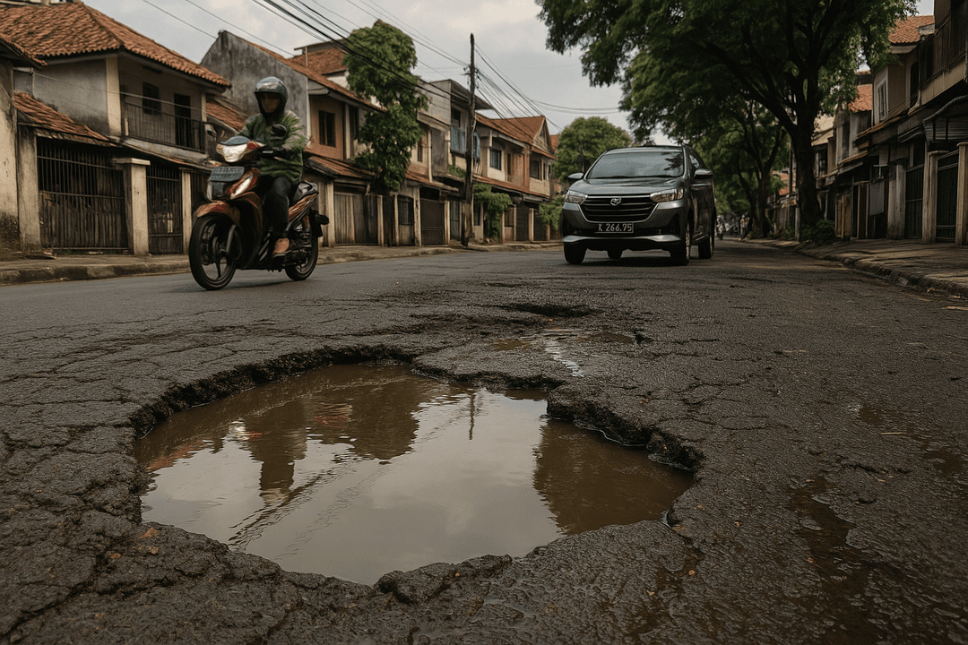 Contoh foto jalan rusak dengan lubang besar di tengah jalan